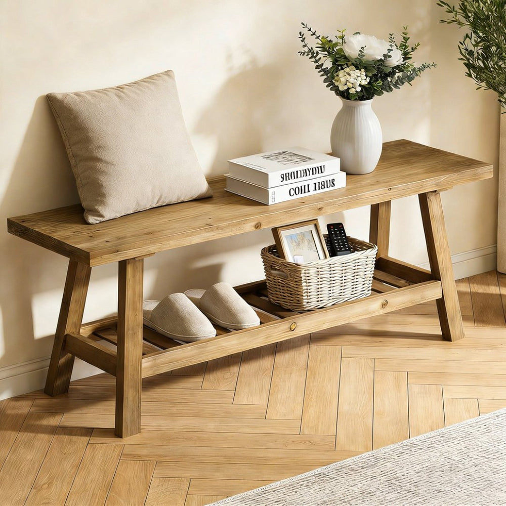 English Elm 43" Farmhouse Cedar Entryway Bench with Lower Shelf Distressed Rustic Wood Seating W3204P453623