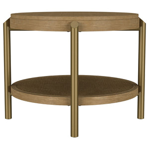 English Elm Benson Round End Table with Woven Rattan Shelf and Aged Brass Legs for Living Room B062P440109
