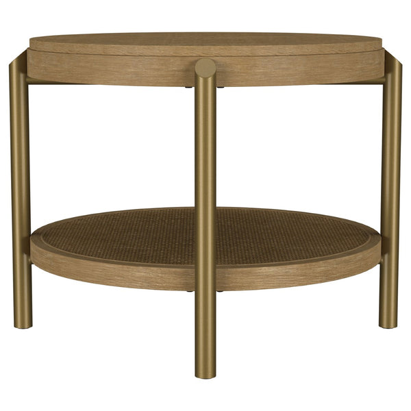 English Elm Benson Round End Table with Woven Rattan Shelf and Aged Brass Legs for Living Room B062P440109