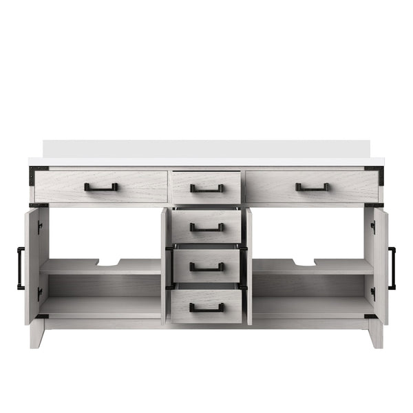 English Elm White Oak Double Bath Vanity 60" W X 22" D, Elegant White Quartz Top & Ample Storage Solutions B2731P259868-GIGA