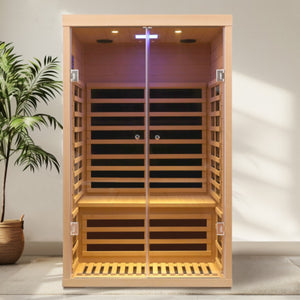 English Elm Two Person Hemlock Far Infrared Sauna with Chromotherapy and Bluetooth Speakers W1787P336367