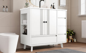 English Elm 36" Freestanding Bathroom Vanity Solid Wood Cabinet Ceramic Basin Four Drawers White W1580P382510
