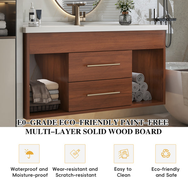 English Elm 35.4" Modern Bathroom Vanity with Integrated Ceramic Sink, Moisture-Resistant Wood, Soft-Close Drawers & Open Shelves, Oil Rubbed Bronze Handles, Sleek Design W3136S00026