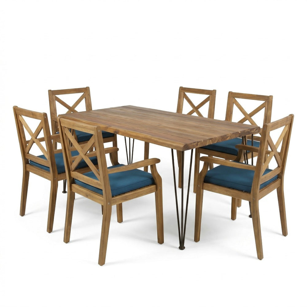 English Elm 7 Piece Acacia Wood Outdoor Dining Set Live Edge Table Six Chairs Teak Finish N762S000044AAC