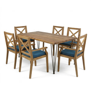 English Elm 7 Piece Acacia Wood Outdoor Dining Set Live Edge Table Six Chairs Teak Finish N762S000044AAC