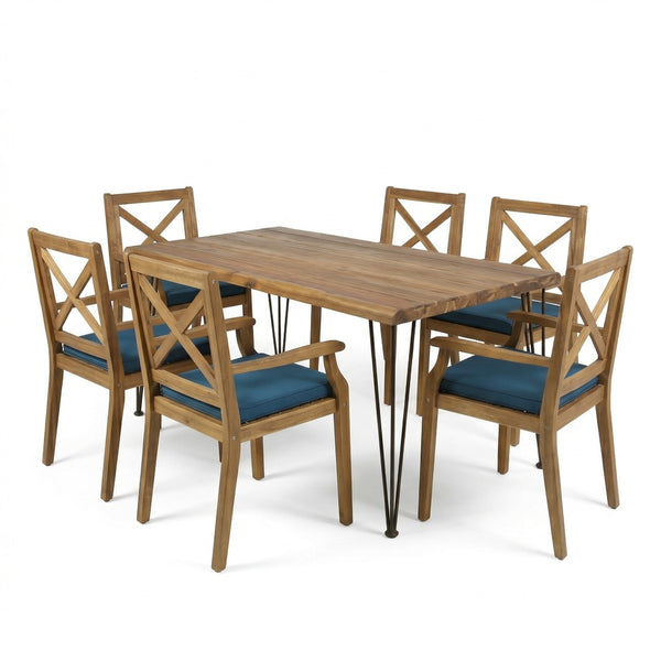 English Elm 7 Piece Acacia Wood Outdoor Dining Set Live Edge Table Six Chairs Teak Finish N762S000044AAC