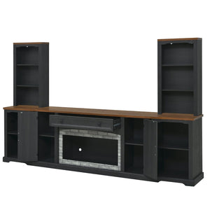 English Elm 3-piece Farmhouse Entertainment Center with Curved Cabinets Walnut Mdf Modular Living Room Black N721S000068B