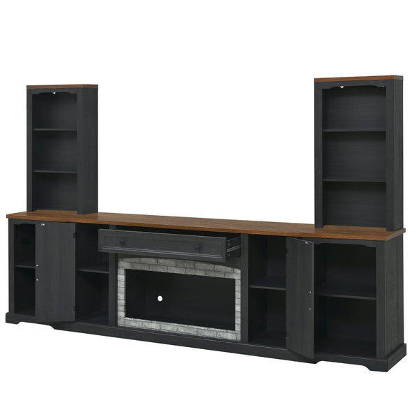 English Elm 3-piece Farmhouse Entertainment Center with Curved Cabinets Walnut Mdf Modular Living Room Black N721S000068B