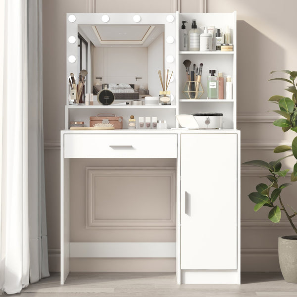 English Elm Vanity LED Mirror Dressing Table with Touch Controls, Large Drawer & Smart Storage for Bedroom White W2386P288809