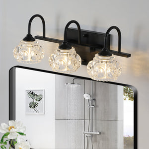 English Elm 17" Retro 3-Light Bathroom Vanity Light Fixture - Black Iron with Crystal Glass Shades, Wall Mounting Elegance for Powder Room (No Bulbs) W1340P206720