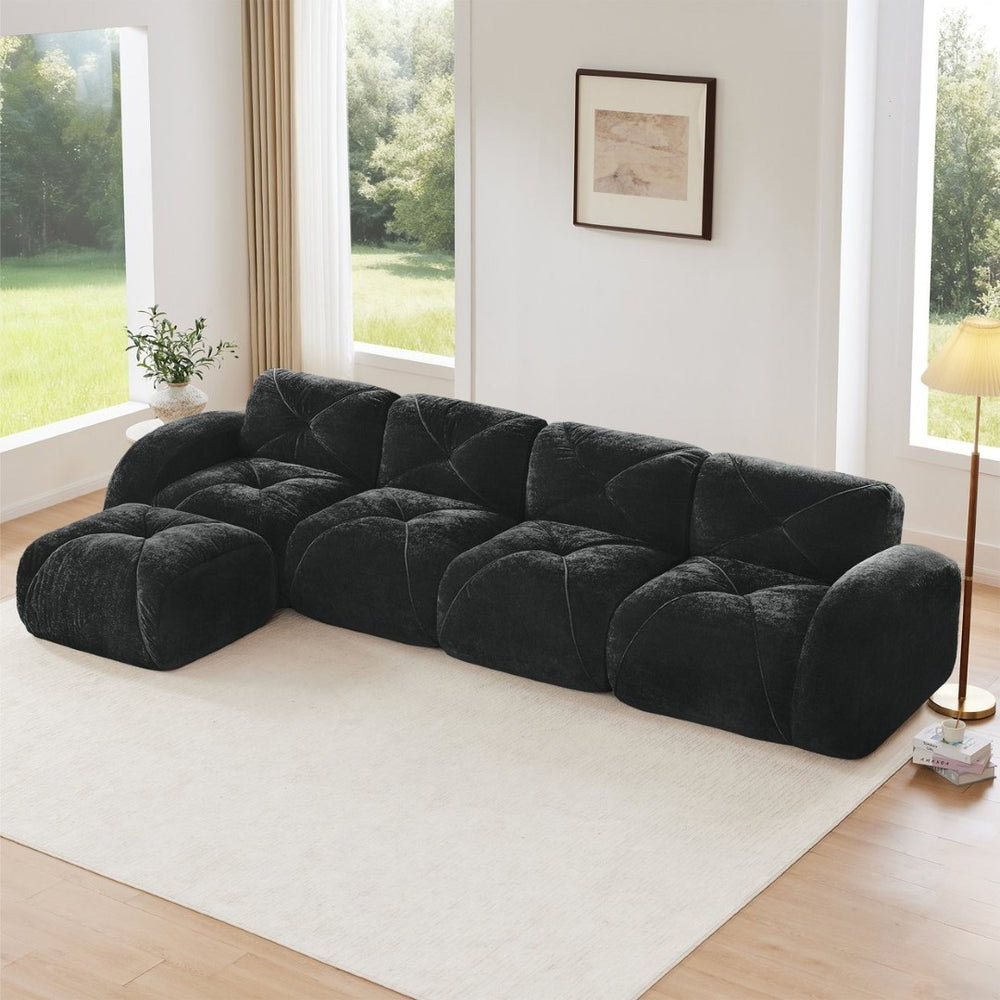 English Elm L-shaped Modular Velvet Sectional Tufted Cloud Sofa with Ottoman for Living Room Black W714S01630