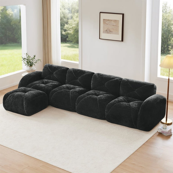 English Elm L-shaped Modular Velvet Sectional Tufted Cloud Sofa with Ottoman for Living Room Black W714S01630