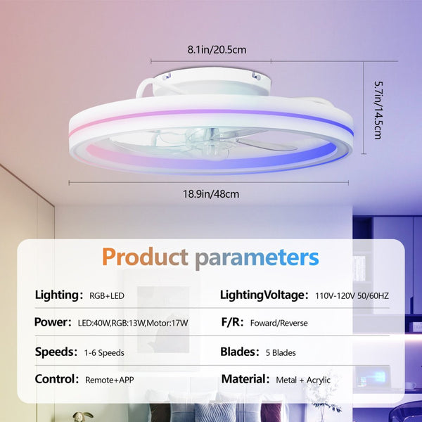 English Elm Rgb Flush Mount Fandelier Smart App Led Ceiling Fan for Low Profile Bedrooms White W1340P461529