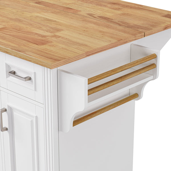 English Elm K&K 54" Farmhouse Kitchen Island with Embossed Texture, Drop Leaf, Soft-Close Drawers & Wheels White N707P195395W