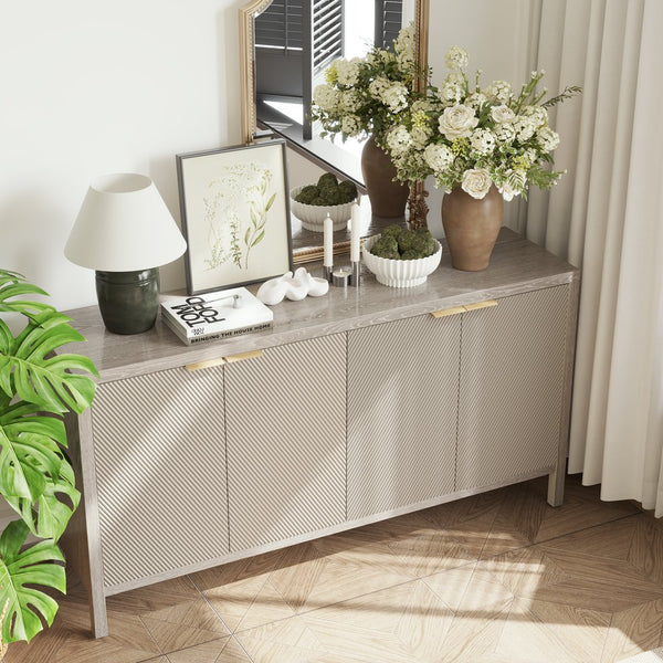 English Elm Sideboard Champagne 59" Modern Wood Buffet Cabinet with 4 Doors, Adjustable Shelves, 220lb Top Capacity W757P203146