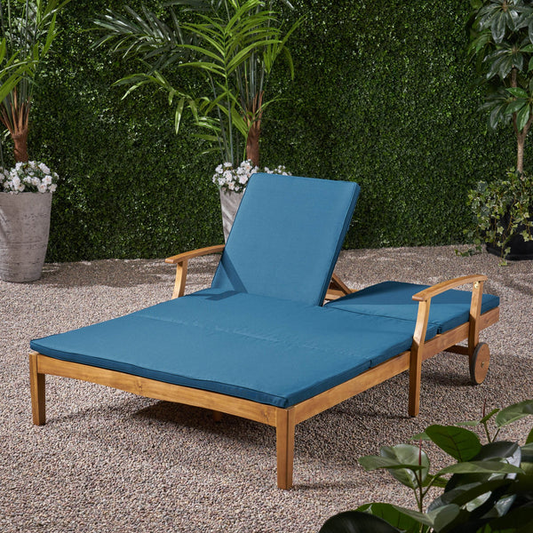 English Elm Christopher Knight Home® - Perla Double Chaise Lounge - Stylish Acacia Wood Seating With Plush Cushions For Ultimate Comfort 63357.00BLU