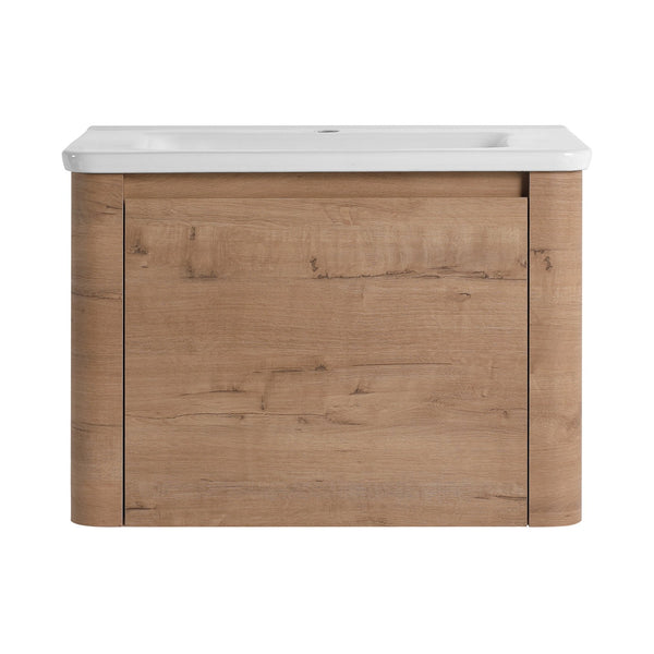 English Elm 52'' Wall-Mounted Vanity with White Ceramic Sink, Soft-Close Door, Plywood Shelves & Rounded Edges Imitative Oak W999S00431