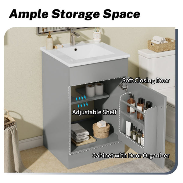 English Elm [video] 20 Inch Freestanding Bathroom Vanity with Ceramic Sink Soft Close Cabinet Gray N759P237946E