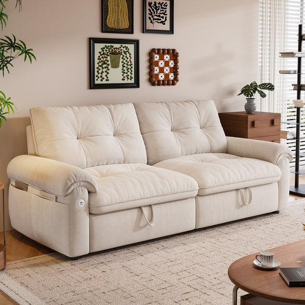 English Elm It 77-inch convertible velvet sofa bed, 2-in-1 loveseat to guest bed with steel frame, high-resilience foam comfort Beige W3820S00014