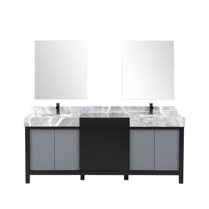 English Elm Black Double Bath Vanity 80" W With Castle Grey Marble Top, Matte Black Faucet & Stylish Mirrors B2731S01161