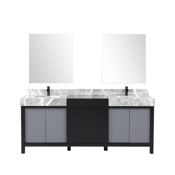 English Elm Black Double Bath Vanity 80" W With Castle Grey Marble Top, Matte Black Faucet & Stylish Mirrors B2731S01161