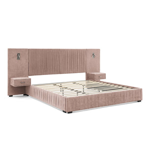 English Elm King Modern Upholstered Platform Bed with Pleated Chenille Headboard, Built‑in Nightstand & Lamp Pink W487S00391