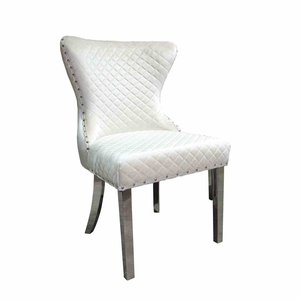 English Elm Glam Side Chair Set - Modern White Upholstery With Diamond Pattern, Nailhead Trim & Silver Legs B2741P406809