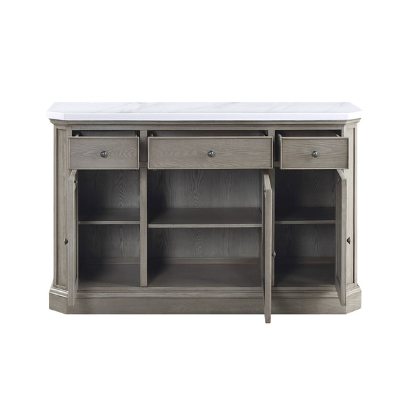 English Elm Zumala Marble Top Server with Weathered Oak Finish, Nailhead Trim, Felt-Lined Drawers, Trestle Base B2726P333614