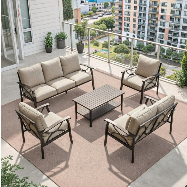 English Elm 5-piece Outdoor Conversation Set Steel Frame Patio Sofa Loveseat Chairs Table Beige B082S00120