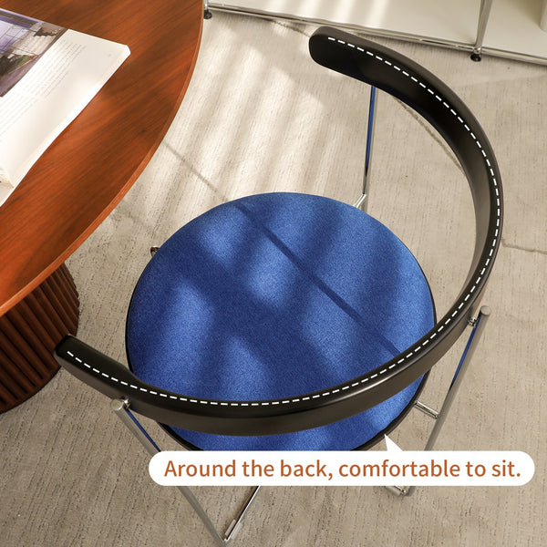 English Elm Folding mid-century modern cantilever dining chair with chrome frame, wooden back and upholstered seat Blue W2105P250641