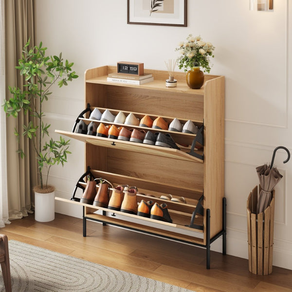 English Elm 2-drawer Rattan Front Shoe Cabinet Slim Entryway Organizer with Walnut Mdf Frame W5221P414212