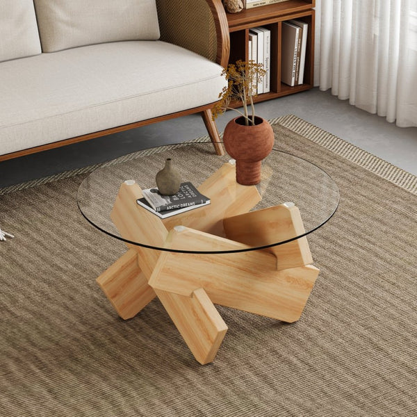 English Elm Circular Tempered Glass Round Coffee Table with Wood Tone Mdf Legs for Modern Living W1151P146792