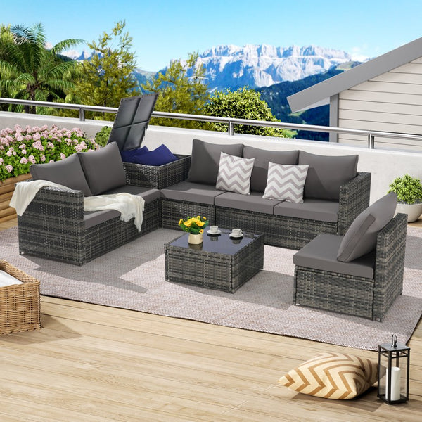English Elm 6 6-Piece Wicker Patio Sectional Set with Tempered Glass Coffee Table, Weather-Resistant Rattan Sofa Dark Gray W874S00029