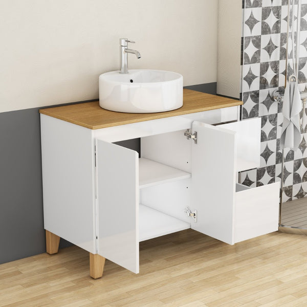 English Elm 36-inch Glossy White Bathroom Vanity with Ceramic Sink Soft Close Drawers Minimalist W3151S00071