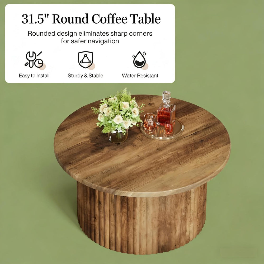 English Elm Stylish Round Coffee Table with Engineered Wood Top and Open Metal Base for Living Rooms T3971P459887