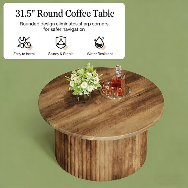 English Elm Stylish Round Coffee Table with Engineered Wood Top and Open Metal Base for Living Rooms T3971P459887