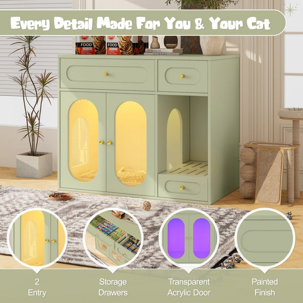 English Elm Cat Litter Box Cabinet with Led Lighting Acrylic Doors and Drawer Storage End Table Green N704P402444F