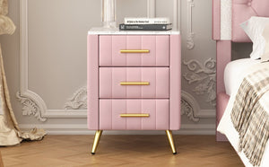 English Elm Upholstered Velvet Nightstand with Faux Marble Top Three Drawers and Slim Metal Legs Pink N733P208520H