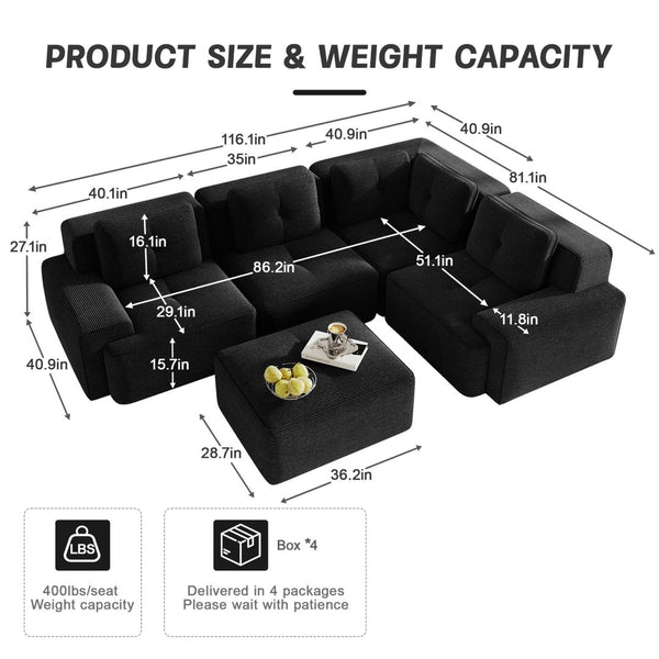 English Elm Modern Corduroy Sectional Sofa Deep Seat V Shape Tufted Couch with Movable Ottoman Black W714S01585