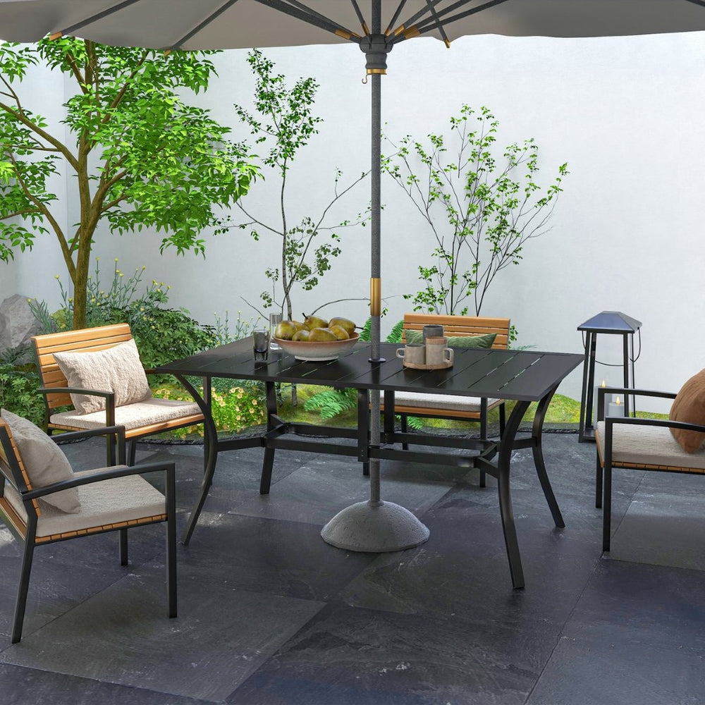 English Elm Outsunny Sturdy Steel Outdoor Dining Table For 6, Modern Patio Table With Umbrella Hole, Black Finish W2225P174361-GIGA