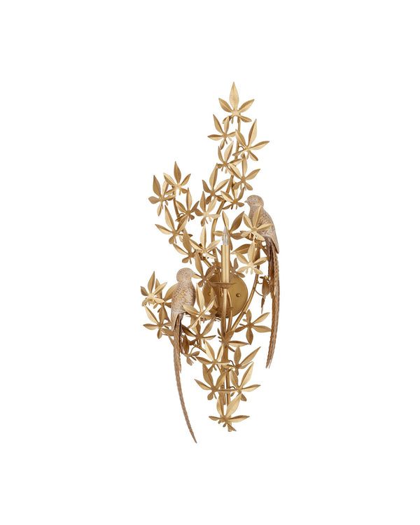 Currey & Company Aviary Gold Wall Sconce: Elegant Biophilic Design With Floral Motifs & Dimmable Single Bulb Ambiance Gold Wrought Iron ,Composite 5000-0282-currey-company