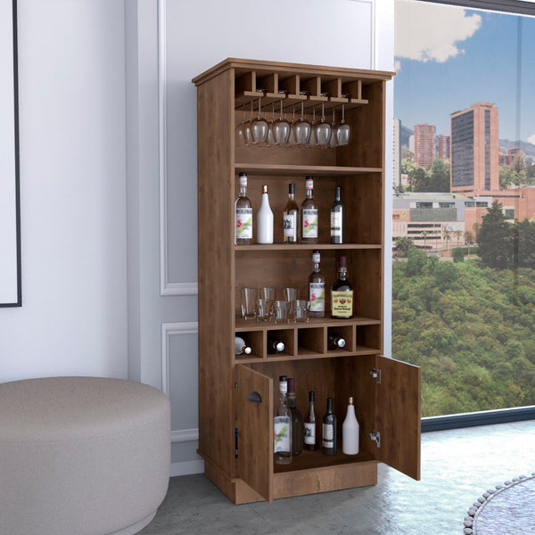 English Elm Dundee Tall White Bar Cabinet with Glass Panel Doors Open Cubbies and Display Shelves B200S00384