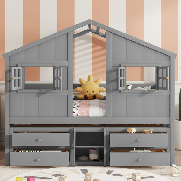 English Elm Full Size House Loft Bed With Roof & Windows, 4 Storage Drawers, Safe Pine Frame In Grey Finish W504S00241