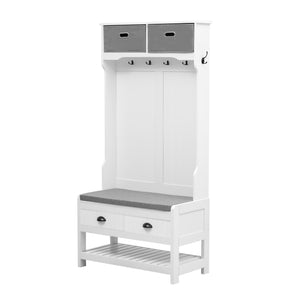 English Elm VIBE Hall Tree with 6 Hooks, Hinged Top Storage, Bench Seat & Drawers for Organized Entryway White N724P184891K