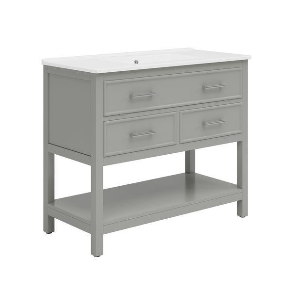 English Elm Christopher Knight Home® - 36" Modern Bathroom Vanity with Ceramic Sink, Tip-Out Tray, Soft-Close Drawers, Open Shelf, Waterproof Surface Gray N817P288908G