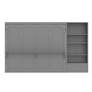 English Elm Queen Murphy Wall Bed with Folding Platform Side Cabinet Drawer and Adjustable Shelves Gray N733S407545E