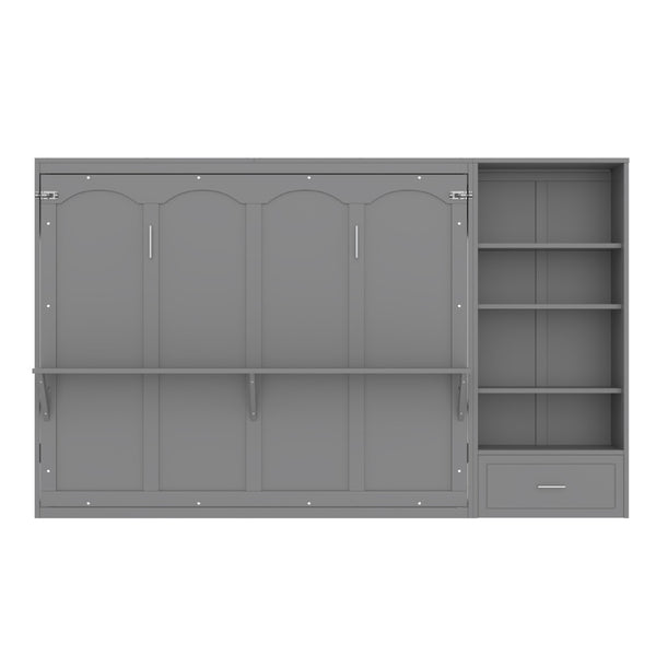 English Elm Queen Murphy Wall Bed with Folding Platform Side Cabinet Drawer and Adjustable Shelves Gray N733S407545E