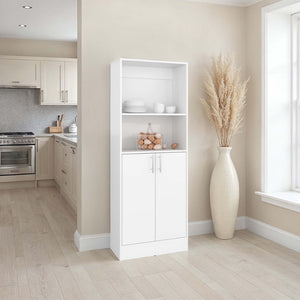English Elm White Tall Narrow Kitchen Pantry Cabinet with Open Shelves and Concealed Storage Door B062P483732