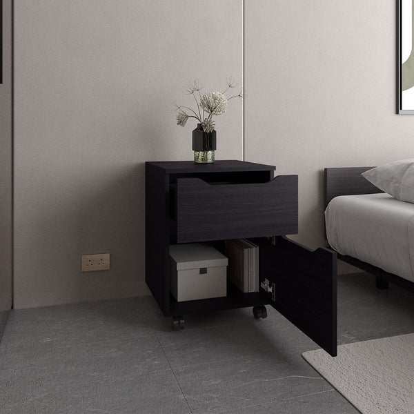 English Elm Ethan Modern Nightstand with One Door and Open Shelf, Compact MDF Bedside Table in Black Finish B200P335351