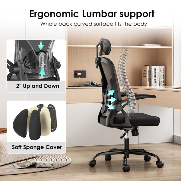 English Elm Ergonomic Office Chair - Adjustable Headrest & Lumbar Support For Home Office Comfort, Black Mesh Design T3623P380912